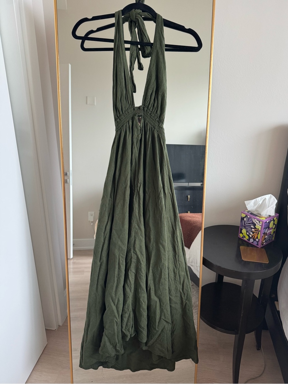 Olive Halter Maxi Dress - Sleeveless Tie Neck